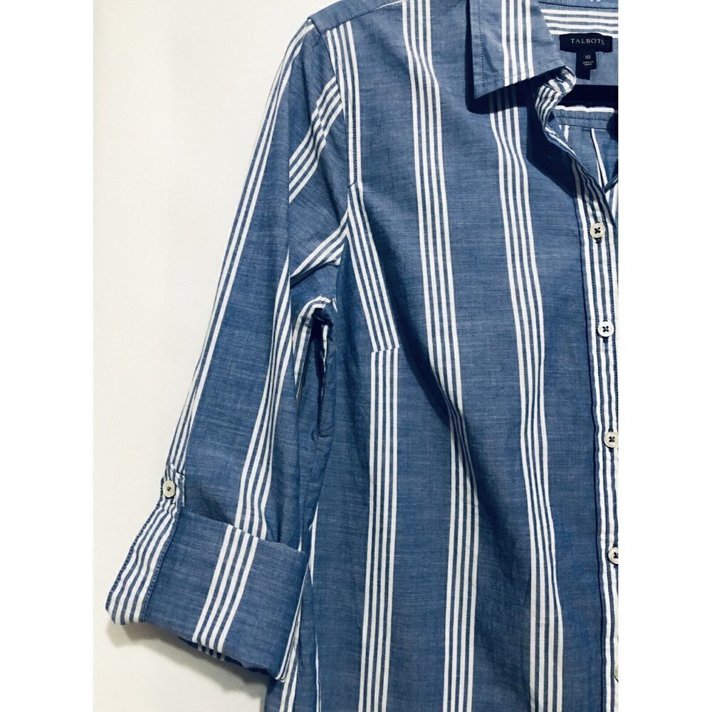 Talbots Top Womens Size 10 Blue White Striped Button Up Roll Tab Sleeves - Picture 4 of 6